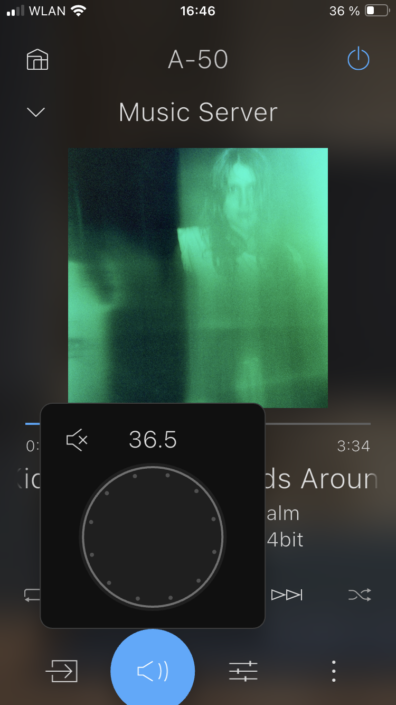 Onkyo A-50 App Screenshot Wiedergabe mit Lautstärke