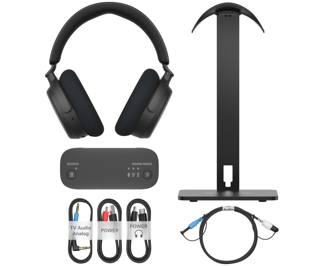 Im Lieferumfang sind neben Kopfhörer und Transmitter die passenden Kabel sowie ein Metallständer enthalten.