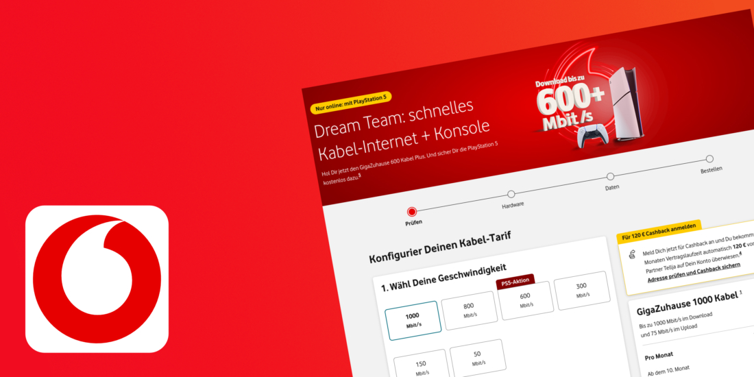 Vodafone Internet Deals mit gratis PS5 und Cashback Aktionen
