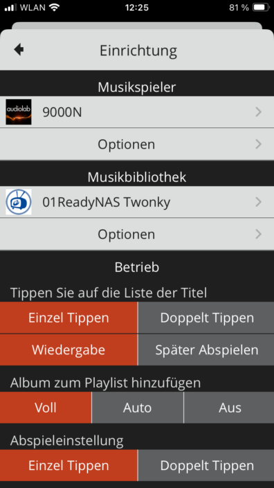 Audiolab 9000N App Screenshot Einstellungen