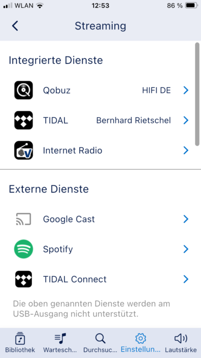 Aurender A1000 – Screenshot Streaming-Dienste