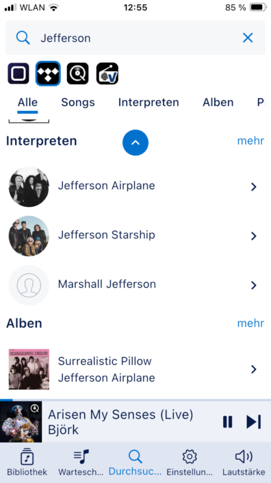 Aurender A1000 – Screenshot Suchfunktion