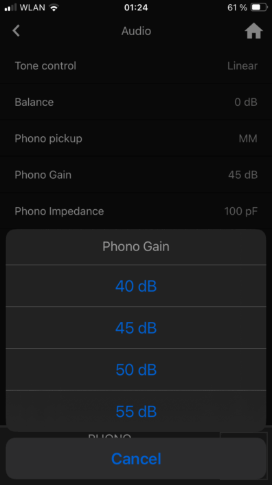 AVM Ovation CS 8.3 S App Screenshot Phono Gain