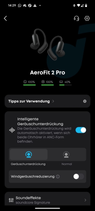 Soundcore AeroFit 2 Pro – Screenshot Menü