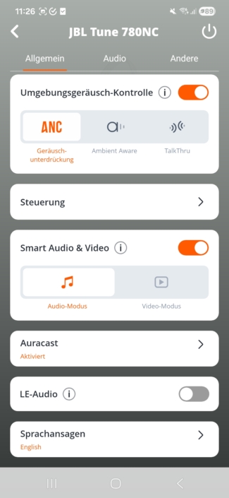 JBL Tune 780 NC im Test – App-Screenshot
