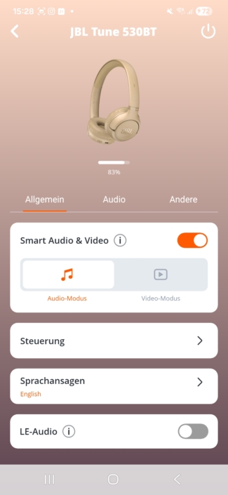 JBL Tune 530 BT im Test – App-Screenshot