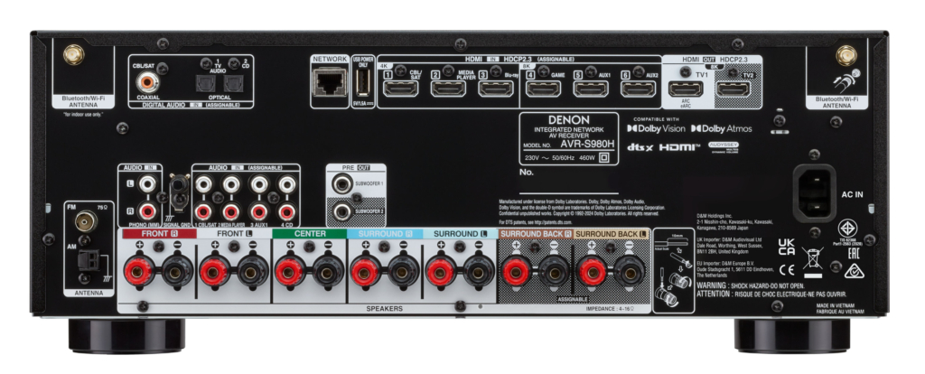 Hier siehst du die rückseitigen Schnittstellen des Denon AVR-S980H.