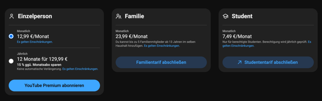 In Deutschland gelten (vorerst) die bisherigen Preise für YouTube Premium.