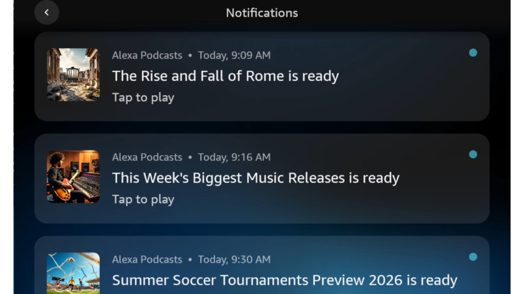 Alexa+ benachrichtigt dich, sobald dein Wunsch-Podcast bereit ist.