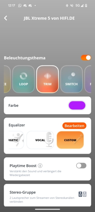 JBL Xtreme 5 – Screenshot Menü