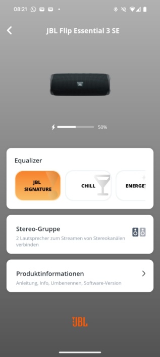 JBL Flip Essential 3 SE – App Menü