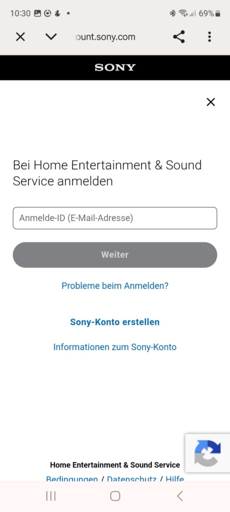 Anmeldung Sony Bravia Connect App