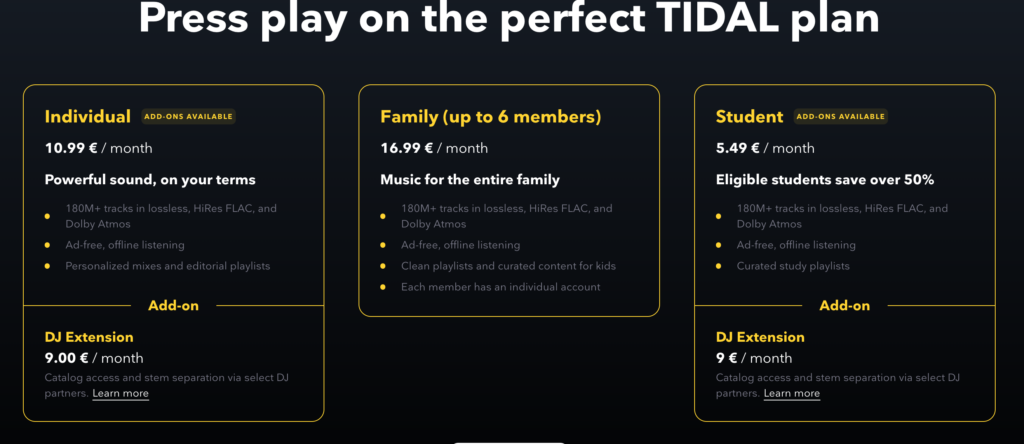 Hier siehst du noch die aktuellen Tidal-Preise vom Juli 2026.