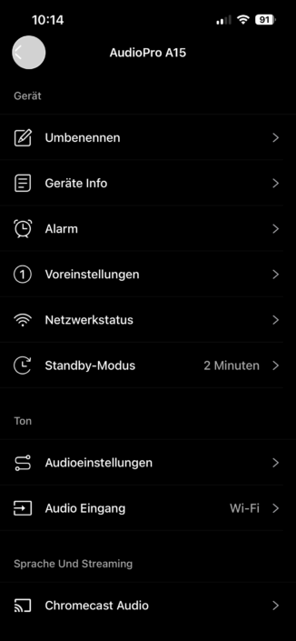 Audio Pro A15 W im Test – App-Screenshot