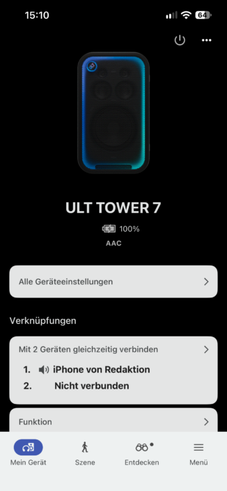 Sony Ult Tower 7 im Test – App-Screenshot