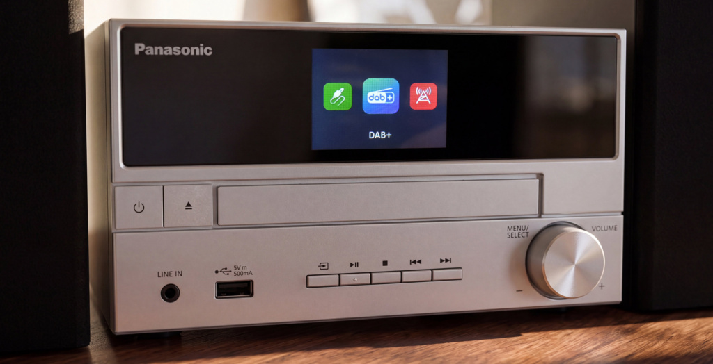 Die Bedienung des Panasonic SC-PM302 erfolgt über ein Display und Tasten an der Vorderseite. | Bild: Panasonic